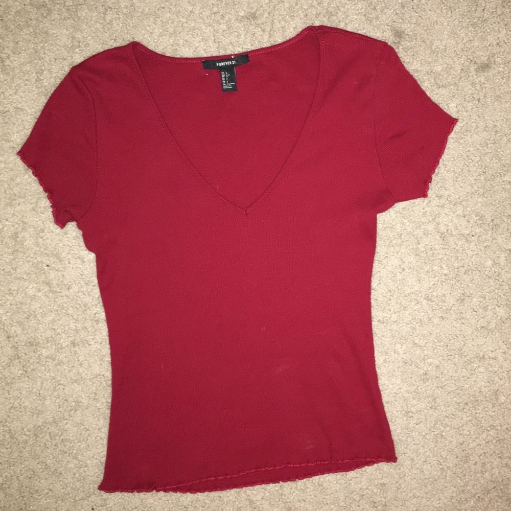 Forever 21 Ribbed V neck lettuce edge top